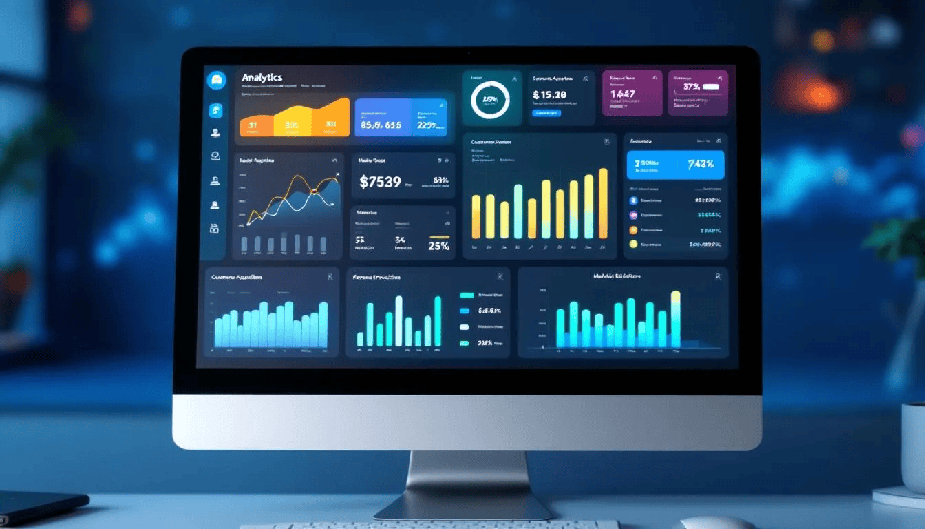 Der Computerbildschirm zeigt ein Analyse-Dashboard mit wichtigen B2B-Kennzahlen und Leistungsindikatoren, die für die SEO-Strategie von B2B-Unternehmen entscheidend sind. Es werden Metriken zur Lead-Generierung, Sichtbarkeit in Suchmaschinen und Nutzererfahrung dargestellt, um die Online-Marketing-Strategien zu optimieren.