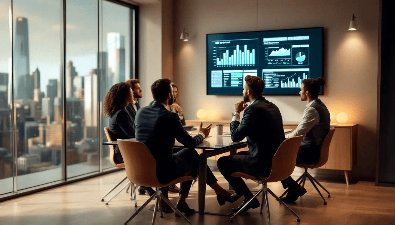 In einem modernen Konferenzraum diskutiert ein Geschäftsteam Strategien zur Steigerung des ROI, während sie an Laptops und Tablets arbeiten, um verschiedene Marketingtools und Automatisierungsfunktionen zu analysieren. Die Atmosphäre ist produktiv und fokussiert, mit einem klaren Fokus auf die Optimierung ihrer Marketingaktivitäten und den Einsatz von All-in-One-Plattformen.